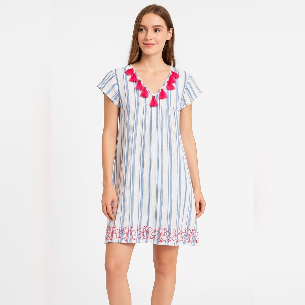 mer st. barth Dress Women's SMALL Tasseled Embroidered A-Line Striped Blue White
